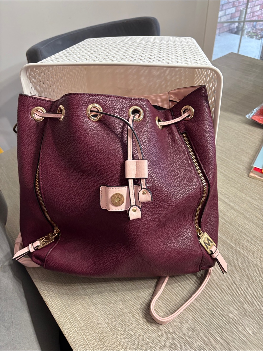 Pebbled Drawstring Shoulder Bag in Wine with Blush Trim